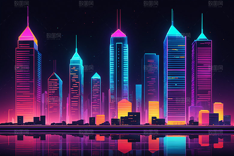 霓虹城市时尚地标插画