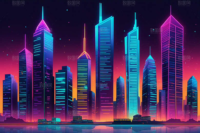 霓虹城市未来彩色插画