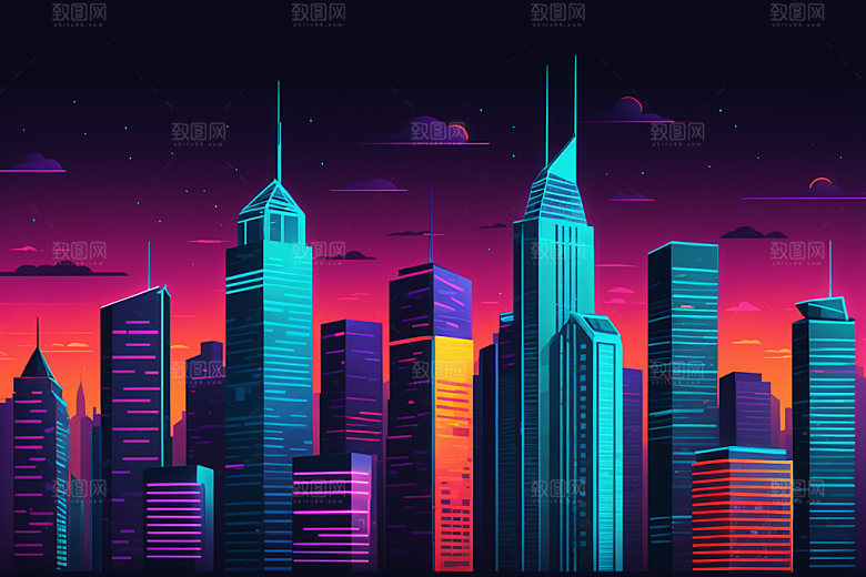 霓虹城市赛博朋克未来插画