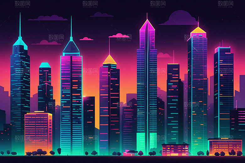 霓虹城市建筑地标插画