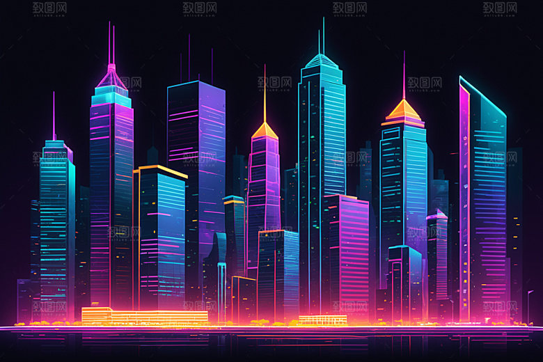 霓虹城市未来建筑插画