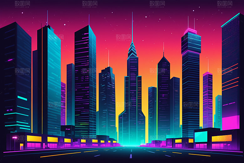 霓虹城市都市彩色插画