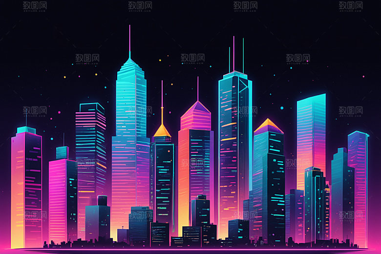 霓虹城市科技感元素插画