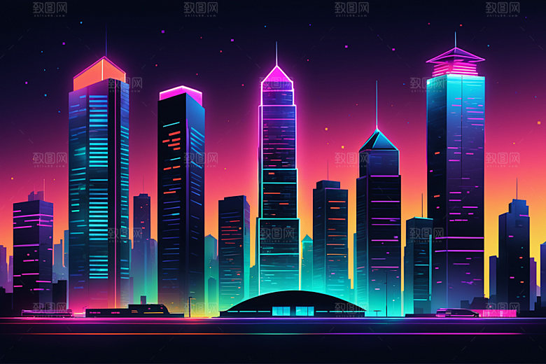 霓虹城市地标都市插画