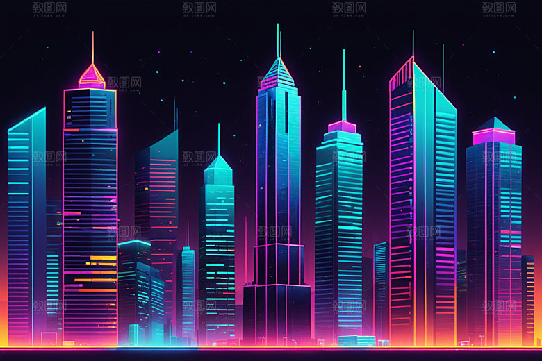 霓虹城市建筑赛博朋克插画