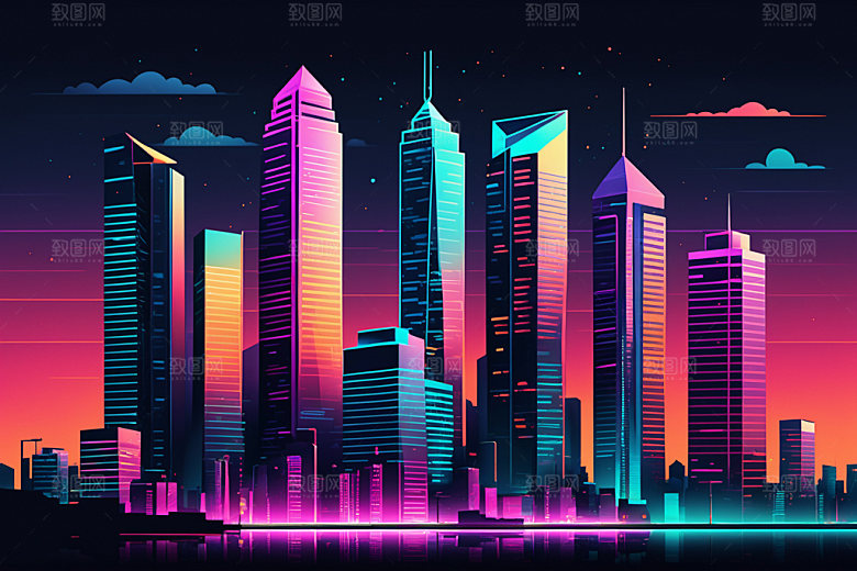 霓虹城市建筑时尚插画