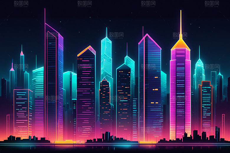 霓虹城市元素科技感插画