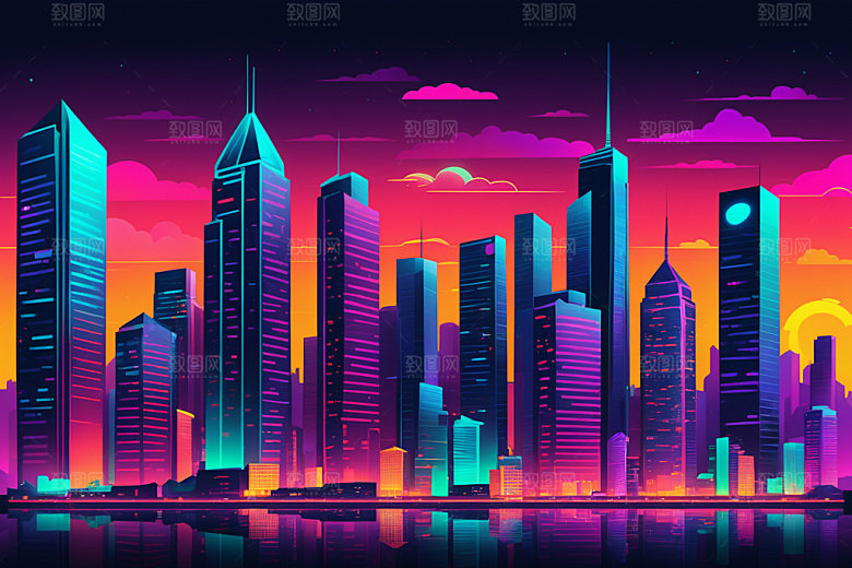 霓虹城市赛博朋克未来插画