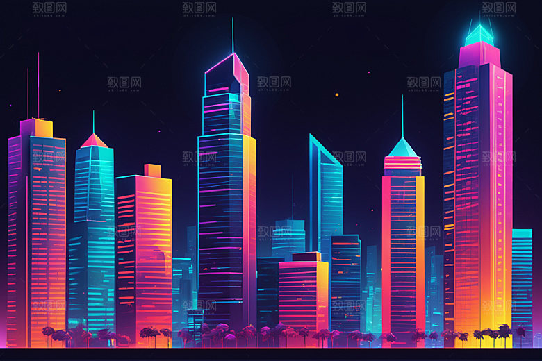 霓虹城市建筑时尚插画