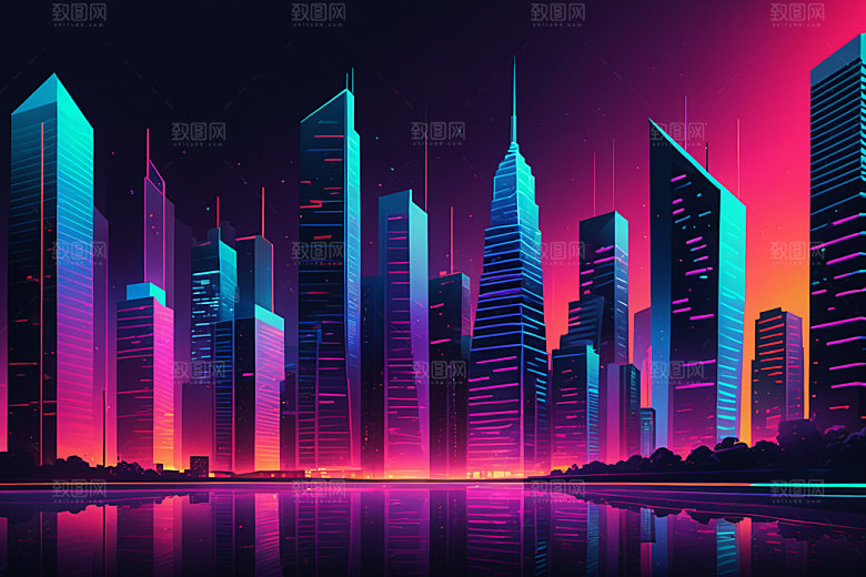 霓虹城市科技感元素插画