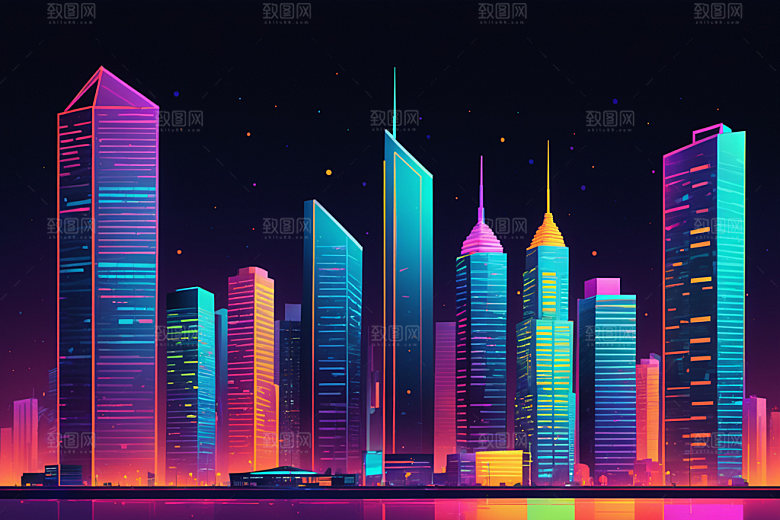 霓虹城市地标未来插画