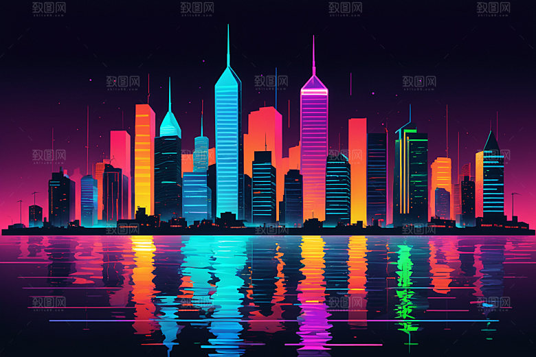 霓虹城市赛博朋克未来插画