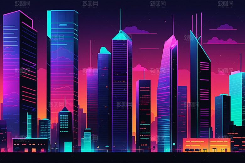 霓虹城市赛博朋克时尚插画