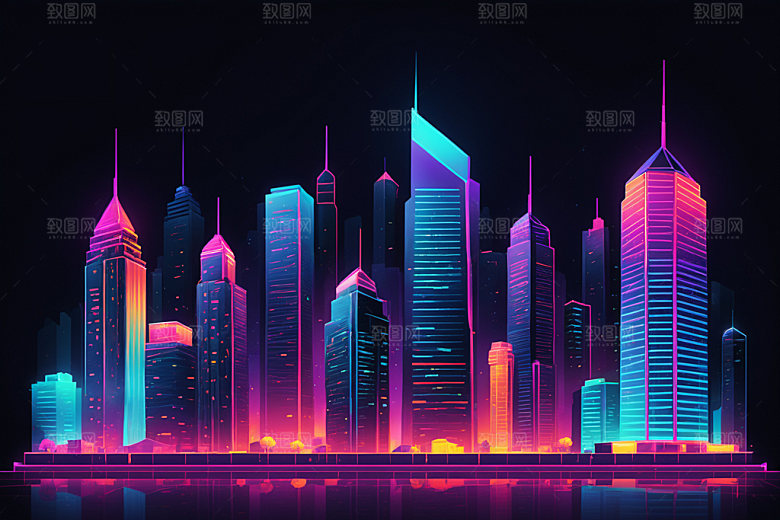 霓虹城市科技感建筑插画