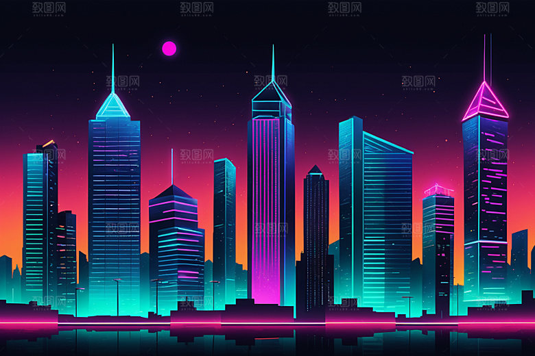 霓虹城市彩色时尚插画