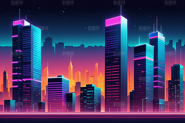 霓虹城市时尚赛博朋克插画