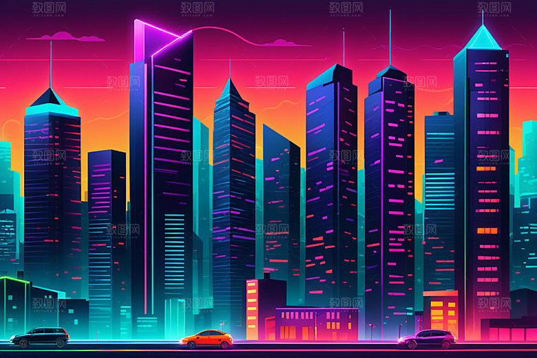 霓虹城市科技感彩色插画
