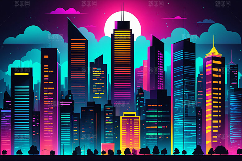 霓虹城市科技感彩色插画