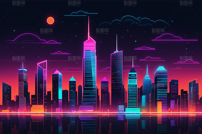 霓虹城市时尚地标插画