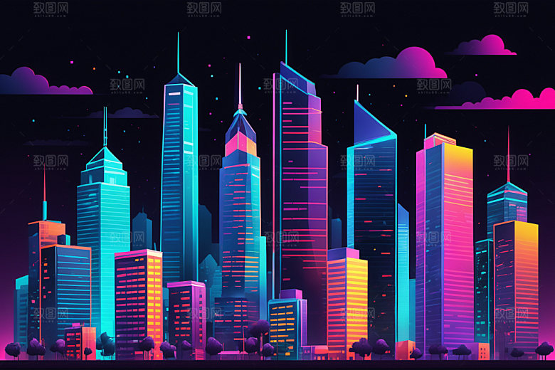 霓虹城市赛博朋克未来插画