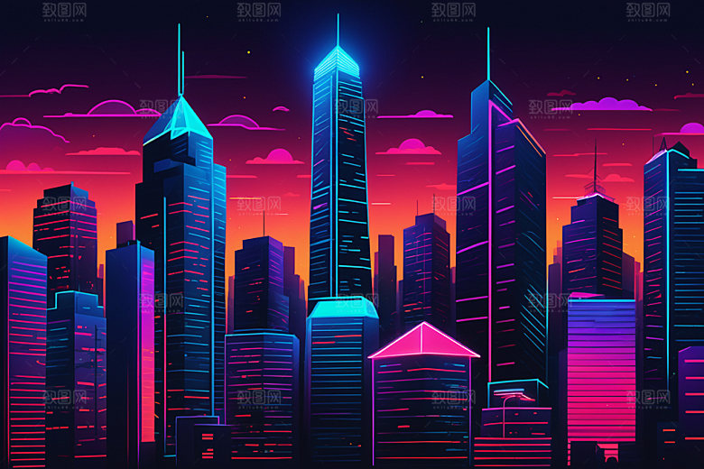 霓虹城市建筑未来插画
