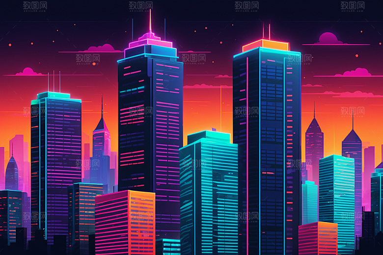 霓虹城市未来科技感插画