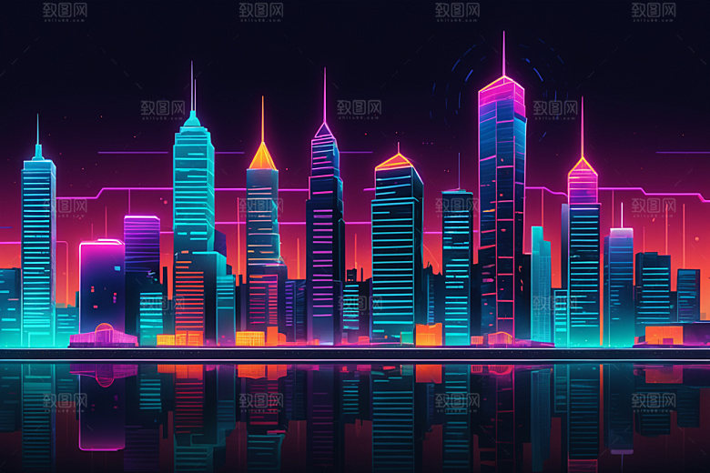 霓虹城市建筑都市插画