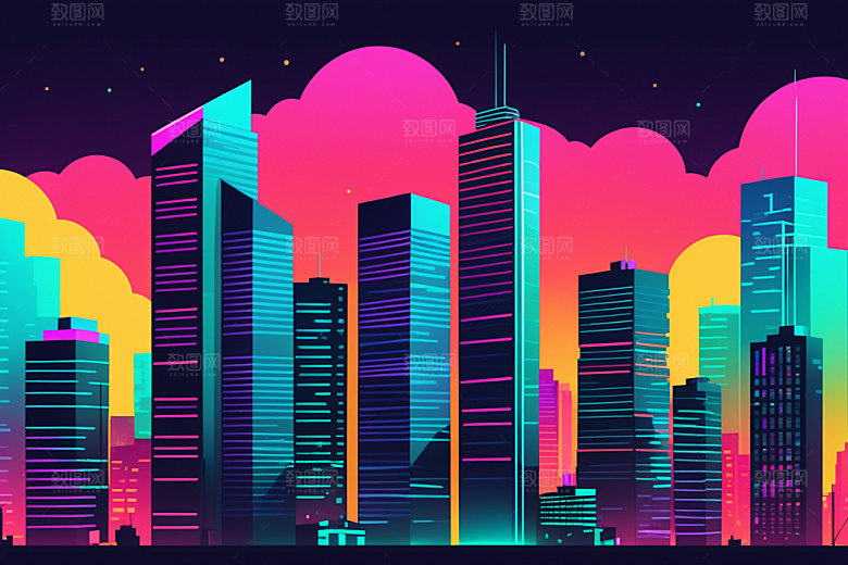 霓虹城市未来彩色插画