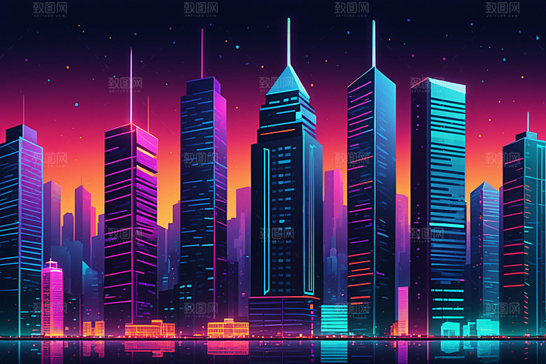 霓虹城市赛博朋克科技感插画