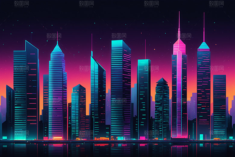 霓虹城市未来彩色插画
