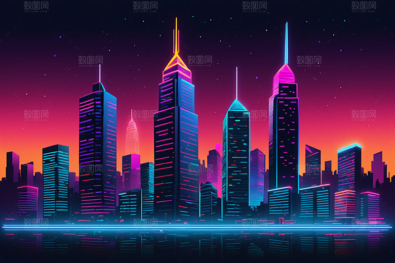 霓虹城市都市地标插画