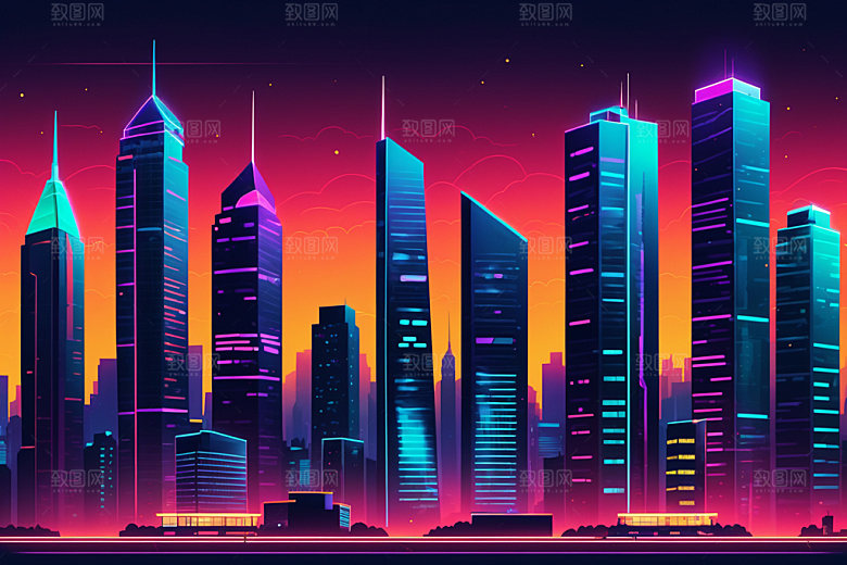 霓虹城市科技感元素插画