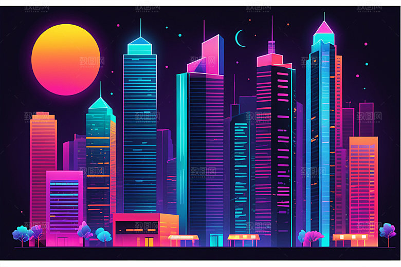 霓虹城市彩色时尚插画