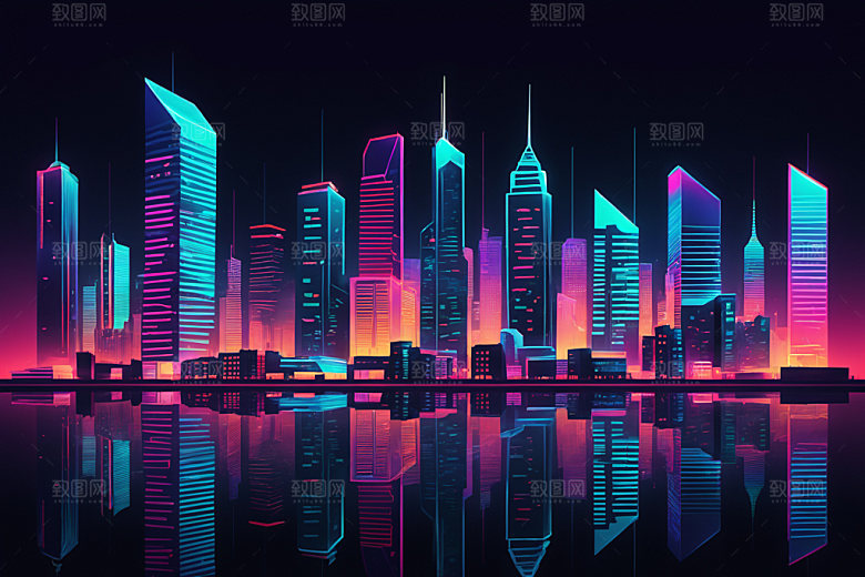 霓虹城市彩色未来插画