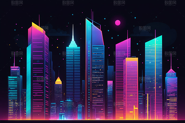 霓虹城市地标元素插画