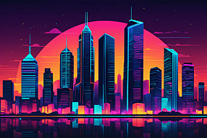 霓虹城市地标未来插画