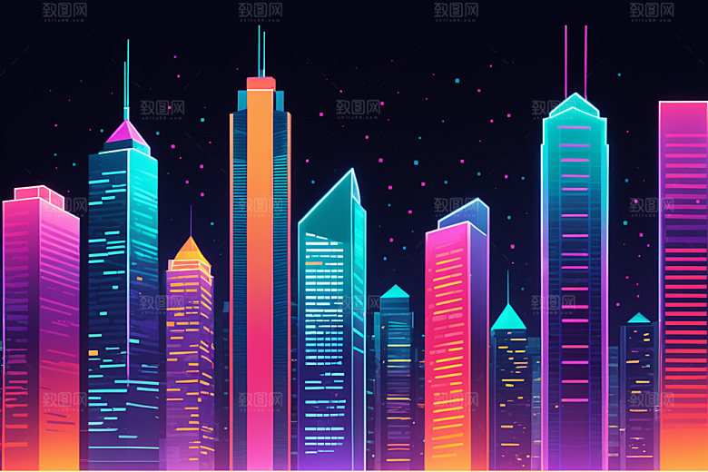 霓虹城市都市建筑插画