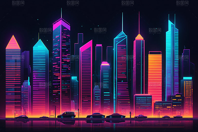 霓虹城市地标未来插画