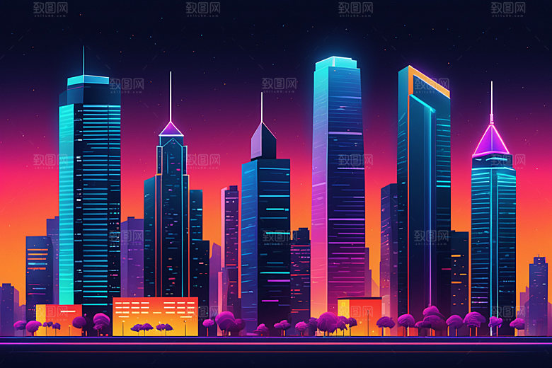霓虹城市都市彩色插画