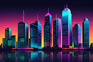 霓虹城市地标彩色插画