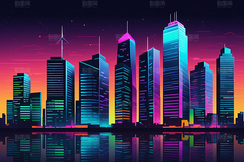 霓虹城市地标彩色插画