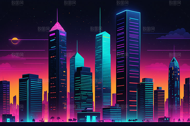 霓虹城市未来科技感插画