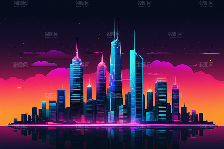 霓虹城市彩色地标插画
