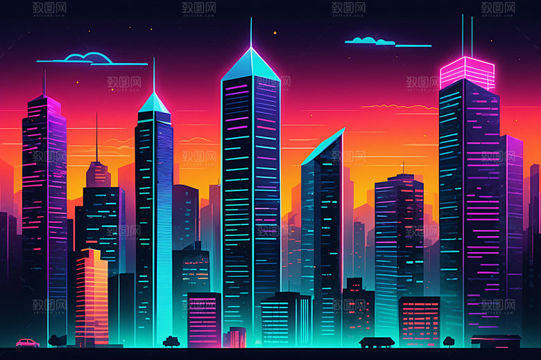 霓虹城市都市赛博朋克插画