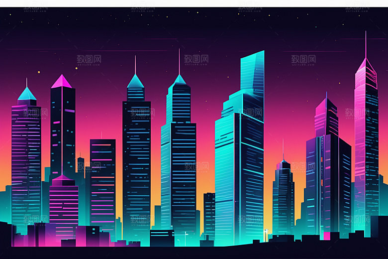霓虹城市未来建筑插画