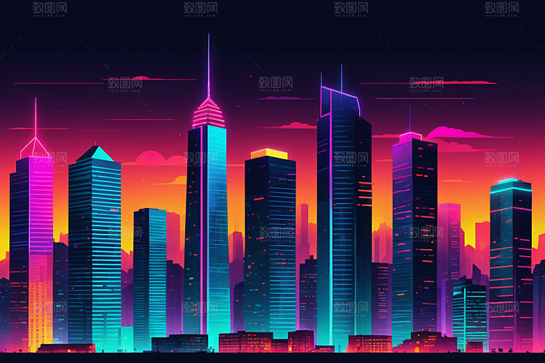 霓虹城市科技感未来插画