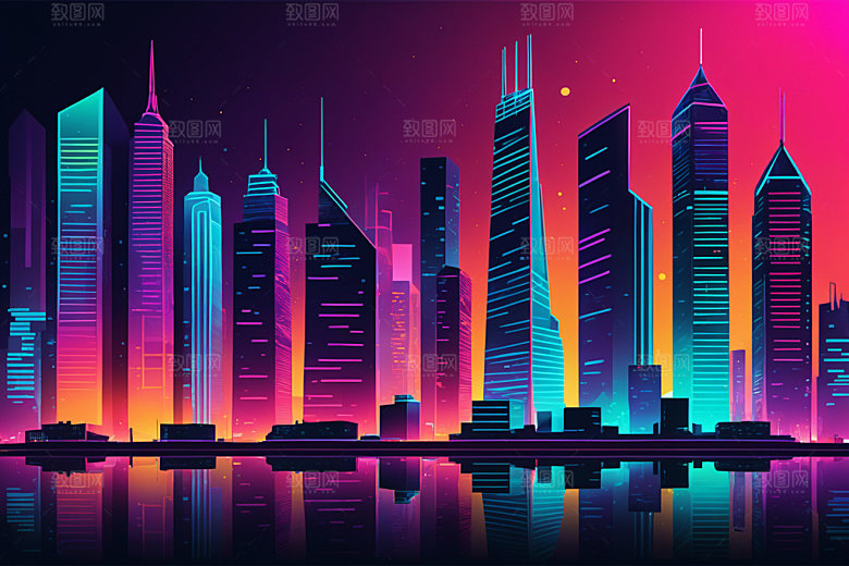 霓虹城市都市建筑插画