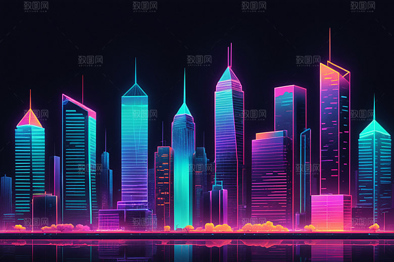 霓虹城市都市建筑插画