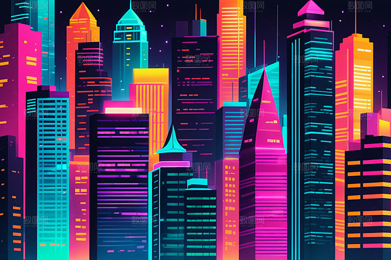 霓虹城市建筑地标插画