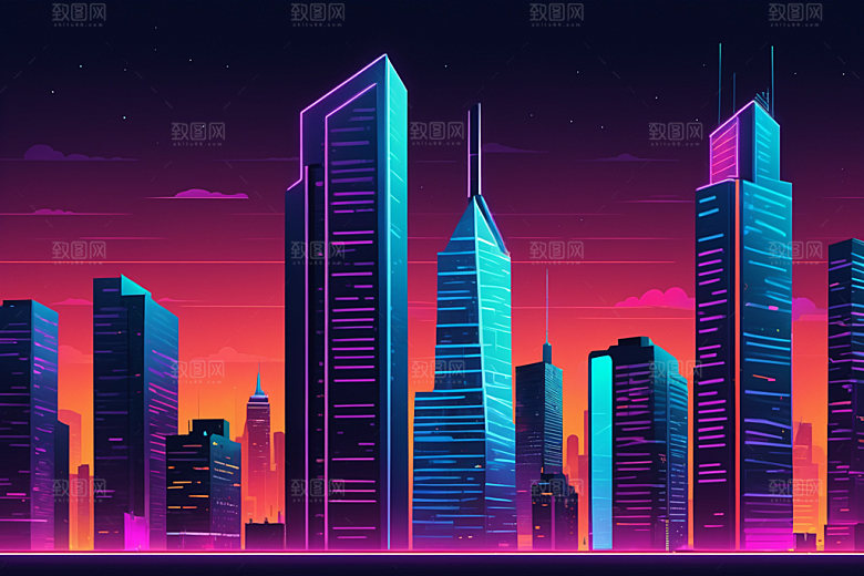 霓虹城市彩色赛博朋克插画
